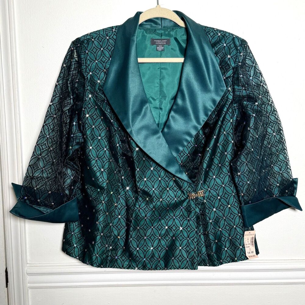 Dressbarn Woman 14W Teal Rhinestone Flocked Formal Blazer Jacket NWT